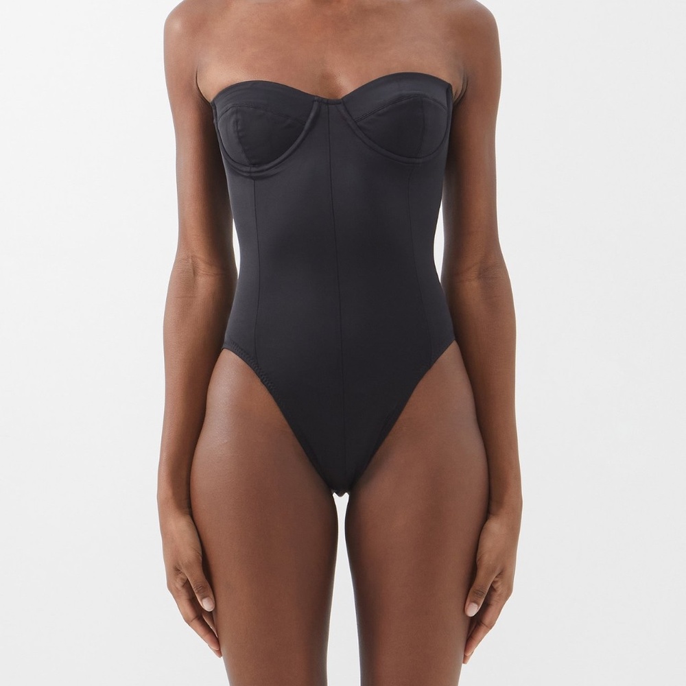 New NORMA KAMALI Mio Bandeau Black One Piece Swim Suit Clear Straps XL